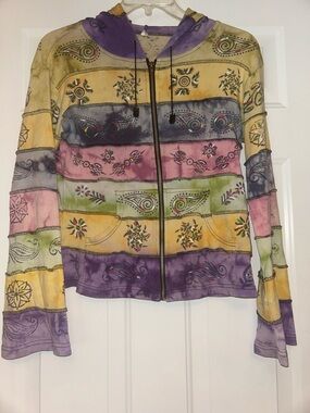 Rising International Y2K Hippy Boho Full Zip Cotton Hoodie L Floral Whimsical